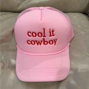 Light pink trucker hat “Cool it Cowboy” in red!